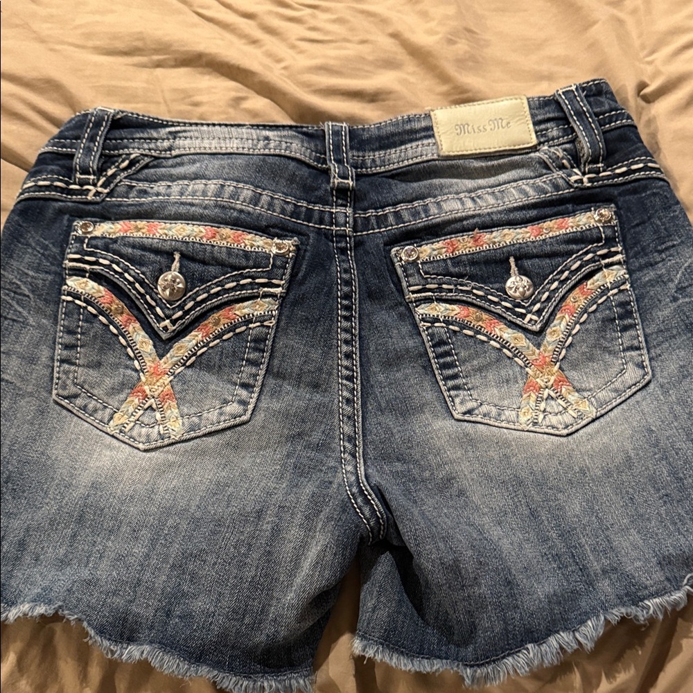 Miss Me Blue Jean Shorts with Multicolor Embroidery
